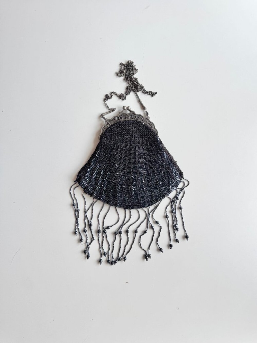 Vintage WAYNE M KLESKI Black Beaded Fringe Kiss Lock Crossbody Evening Purse Bag